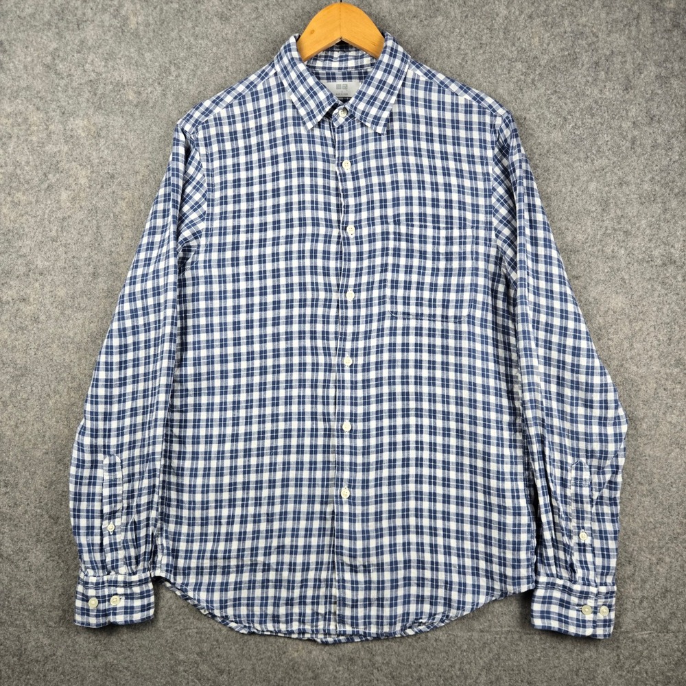 Uniqlo Linen Button Down Shirt Mens Small Blue Gingham Plaid Long Sleeve Casual